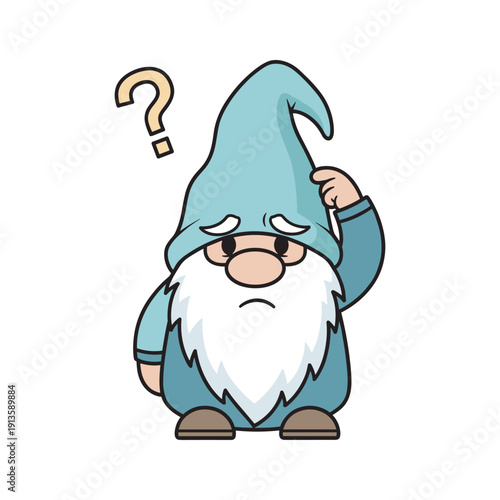 Confused cartoon gnome with question mark in a simple illustration style