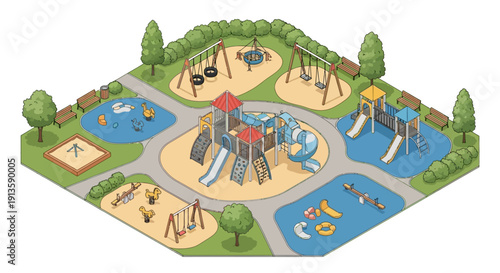 children playground with play equipment and sandbox.