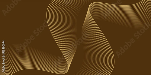 Abstract glowing golden wavy lines on dark brown background. Digital technology vector illustration with particle striped wave lines
