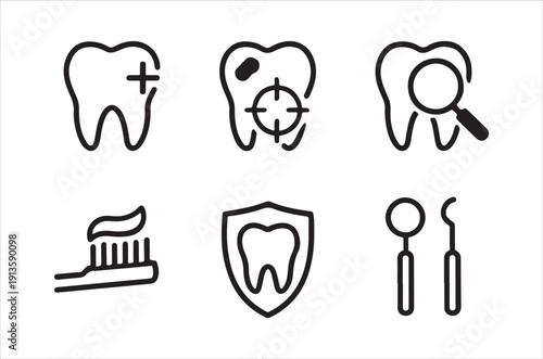 A collection of black linear icons representing dental care hygiene and tools high quality professional