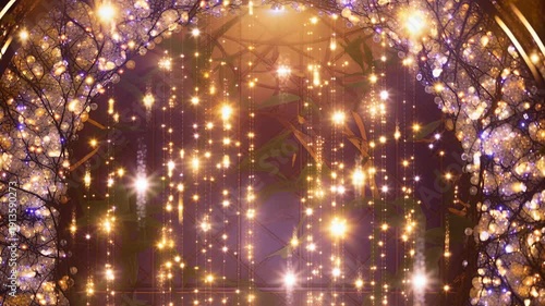 Abstract Golden Bokeh Lights Transitioning to Focus on Decorative Archway with Hanging Fairy Lights and Glittering Particles for Festive