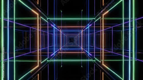 Abstract Futuristic Neon Tunnel Featuring Glowing Multicolored Square Wireframes and Deep Perspective Leading to Darkness on Black