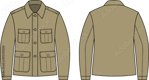 Military utility jacket front and back view with flap cargo pockets, structured button up outerwear mockup, flat vector CAD drawing template