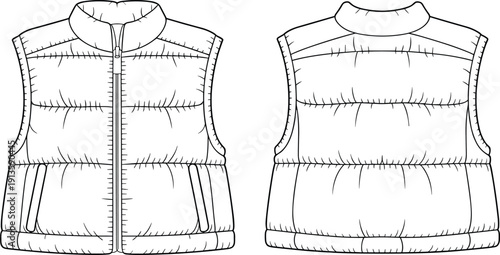 Puffer vest technical drawing, sleeveless padded jacket fashion cad template, front and back view outerwear apparel flat sketch vector illustration design