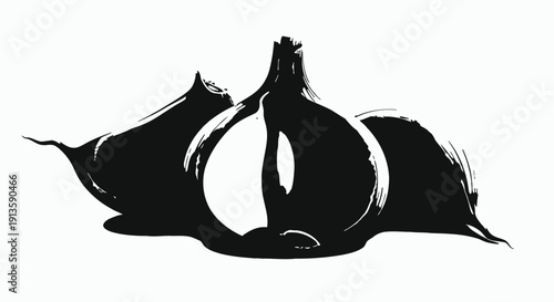 A pure black silhouette featuring three individual garlic cloves, slightly overlapping or arranged artfully, as if just separated from a bulb. One clove could be slightly peeled to hint at texture