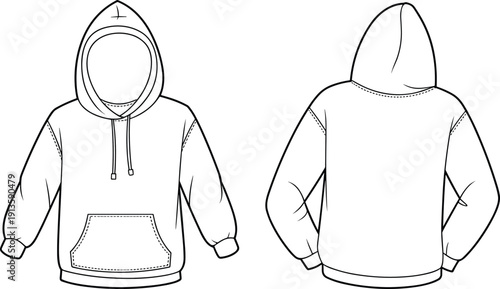 Pullover hoodie front and back view with kangaroo pocket, casual long sleeve sweatshirt mockup, flat vector CAD drawing apparel template