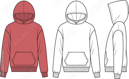 Pullover hoodie front, side and back view set, classic kangaroo pocket sweatshirt mockup, flat vector CAD drawing apparel template