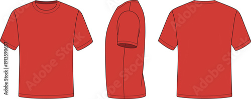 Red short sleeve t shirt front side and back view, basic apparel mockup, flat vector CAD drawing for fashion design template