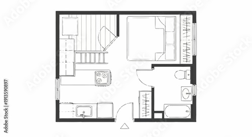 Detailed floor plan illustration of a modern house layout with rooms and furniture outline