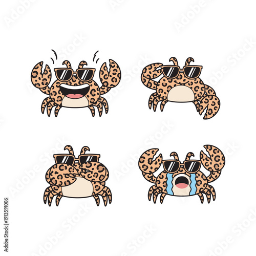 Cheetah crabs in sunglasses set on white background with copy space