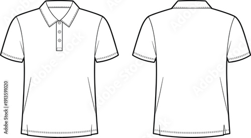 Short sleeve polo shirt technical drawing, front and back view, fashion apparel template, cad drawing flat vector illustration, isolated garment design for production