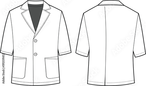 Short sleeve tailored jacket technical drawing, front and back view, fashion outerwear template, cad drawing flat vector illustration, isolated garment design for production