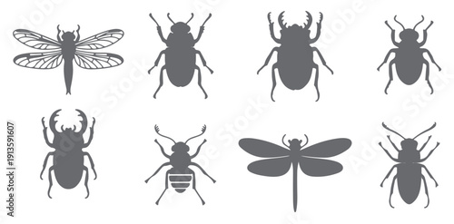 nine gray insect silhouettes stag beetle dragonfly bee