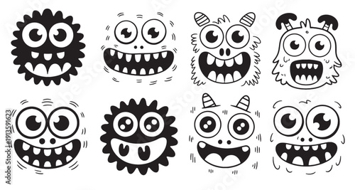 nine cute monster faces doodle illustration set