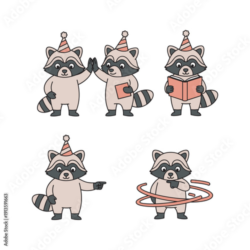 Cartoon raccoons celebrating with party hats in various fun activities on white background