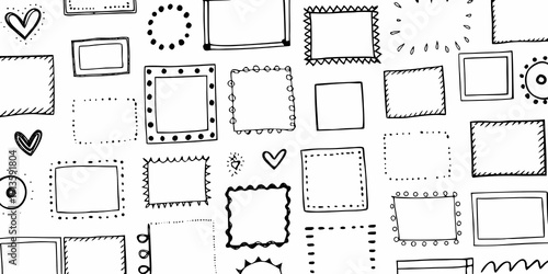 Hand drawn doodle frames hearts and circles on a white background