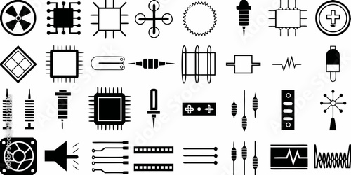 Collection of various electronic component symbols in black and white