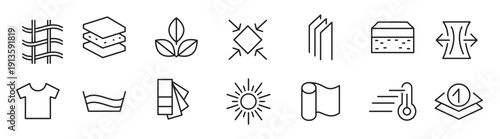 Febric Metarial line icon set. Fabric features, materials, fabric business, protection, breathable, lightweight, outline, leather, silk, synthetics, wool line icon set.