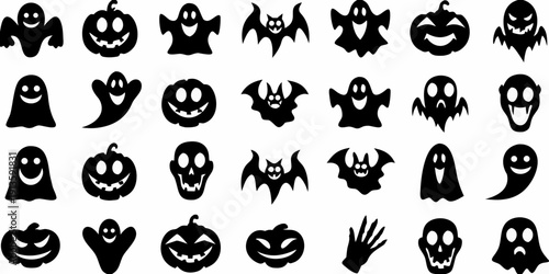 A collection of spooky halloween silhouettes featuring ghosts bats and pumpkins