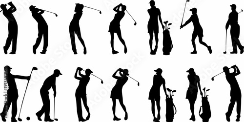 Silhouettes of golfers in various stages of a golf swing
