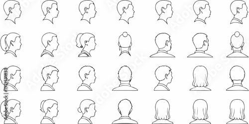 Collection of diverse head and face silhouette outlines in black and white
