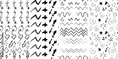 Abstract black and white doodle pattern with various shapes and lines