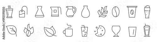 Coffee and tea line icons set. Coffee shop, beans, hot coffee, espresso cup, cappuccino, maker machine outline icon collection.