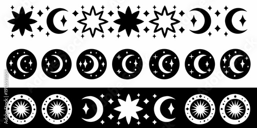Black and white illustration of celestial bodies and lunar phases