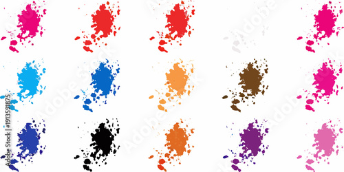 Colorful paint splatters arranged in a grid pattern on a white background