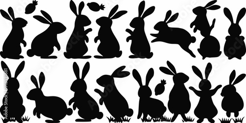 Silhouettes of rabbits in various poses against a white background