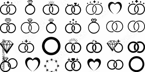 Collection of black and white ring and heart illustrations in various designs