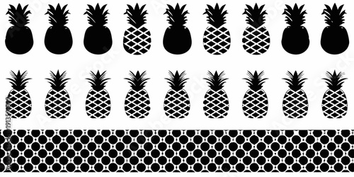 A repeating pattern of black and white pineapple illustrations