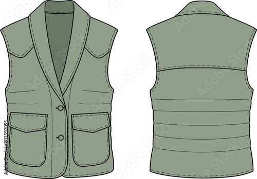 Sleeveless utility vest technical drawing, front and back view, fashion outerwear template, cad drawing flat vector illustration, isolated garment design for production use