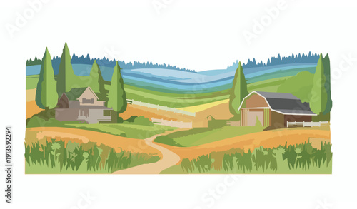 Colorful Paper Cut Ranch Landscape Vector Summer Countryside Farm Buildings Meadows Trees and Path