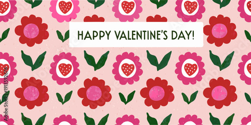 A pink background with repeating heart and flower illustrations for valentine s day