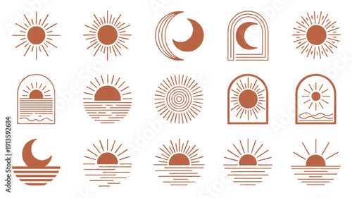 Collection of celestial body illustrations featuring sun, moon, and landscape elements in various styles on a simple background