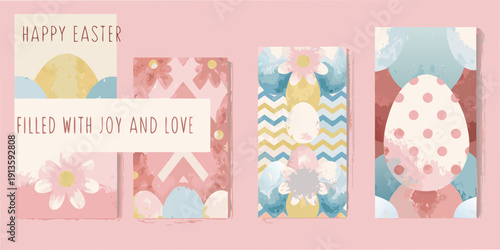 Colorful easter card designs with floral and egg illustrations