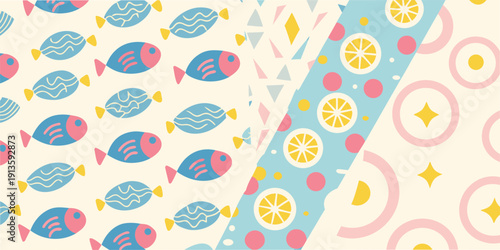 Colorful pattern featuring fish citrus slices and geometric shapes