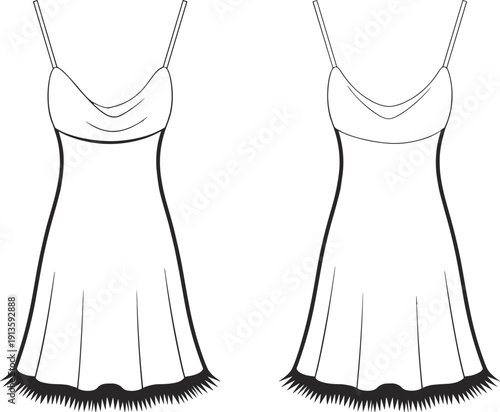 Women slip dress technical drawing, spaghetti strap nightwear fashion cad template, front and back view apparel flat sketch vector illustration design