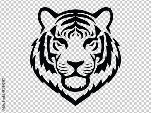 Stylized black and white tiger head illustration, bold lines, tribal art style