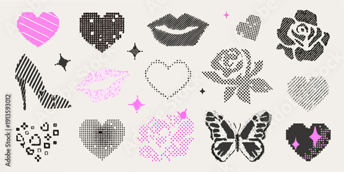 Collection of halftone patterned romantic symbols hearts lips roses and butterflies