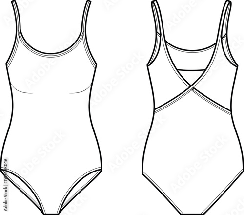 Women swimsuit bodysuit technical drawing, front and back view, fashion apparel template, cad drawing flat vector illustration, isolated garment design for production use