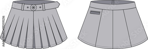 Womens pleated A line mini skirt with belt detail, flat vector CAD drawing front and back view fashion apparel template
