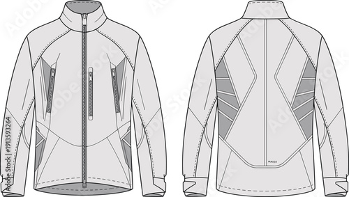 Women's performance jacket, front and back view, cad drawing flat vector illustration, technical sportswear outerwear template, zipper pockets, panel construction, fashion outline design