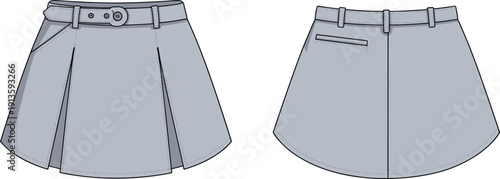 Womens pleated mini skirt with belt and waistband loops, flat vector CAD drawing front and back view fashion apparel template
