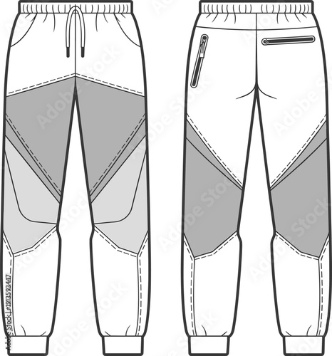 Women's sports jogger pants, front and back view, cad drawing flat vector illustration, technical sportswear bottom template, panel design, zipper pocket, outline style