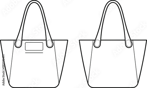 Women's tote handbag, front and back view, cad drawing flat vector illustration, fashion accessory template, minimal outline design, shoulder bag technical sketch style