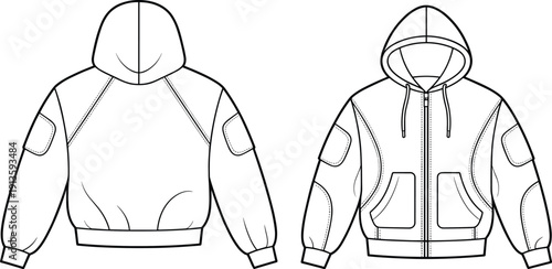 Zip up hoodie jacket front and back view with patch pockets, flat vector CAD drawing casual outerwear apparel template