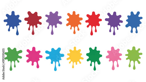 Vibrant paint splatters arranged in a grid pattern on a clean surface, viewed from directly above