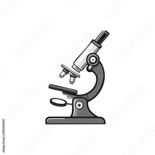 Scientific laboratory microscope isolated on white background for medical research and microbiology discovery using optical magnification lens technology